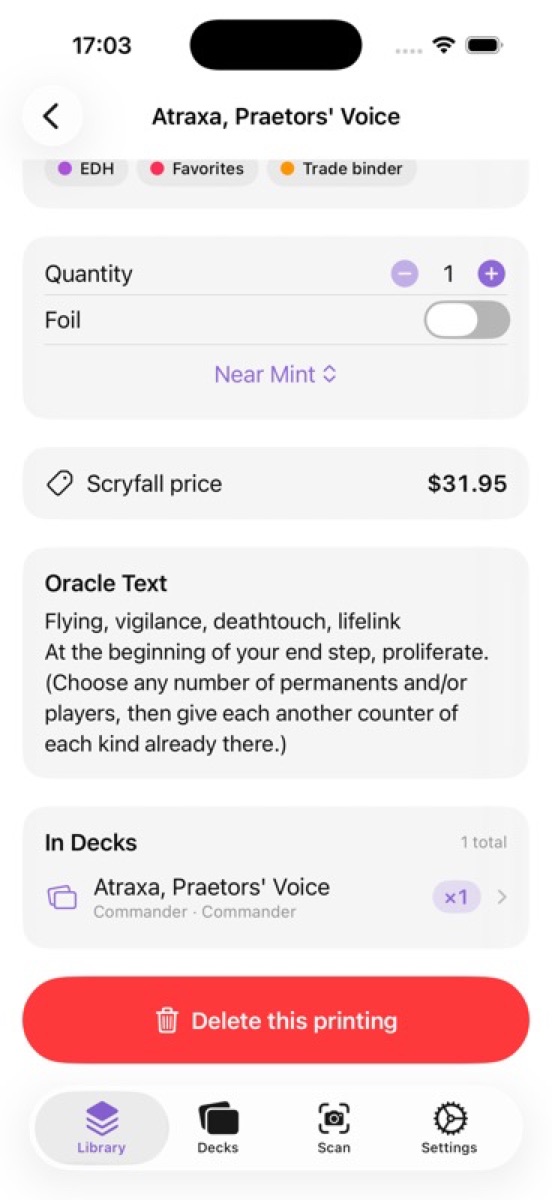 Card detail with Scryfall price, tags, and decks containing the card
