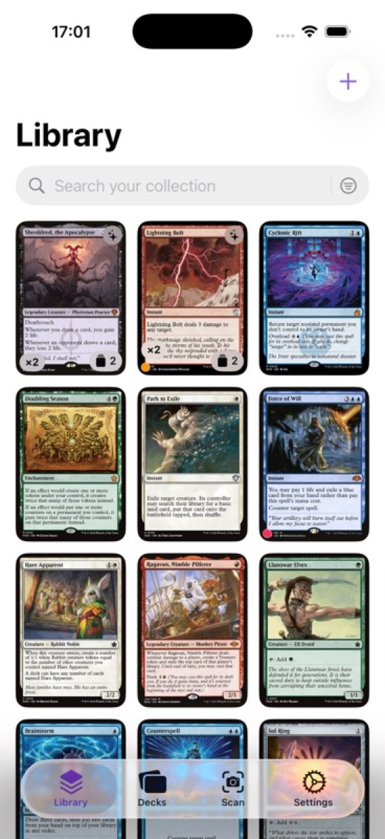 Library screen showing scanned Magic cards in a grid